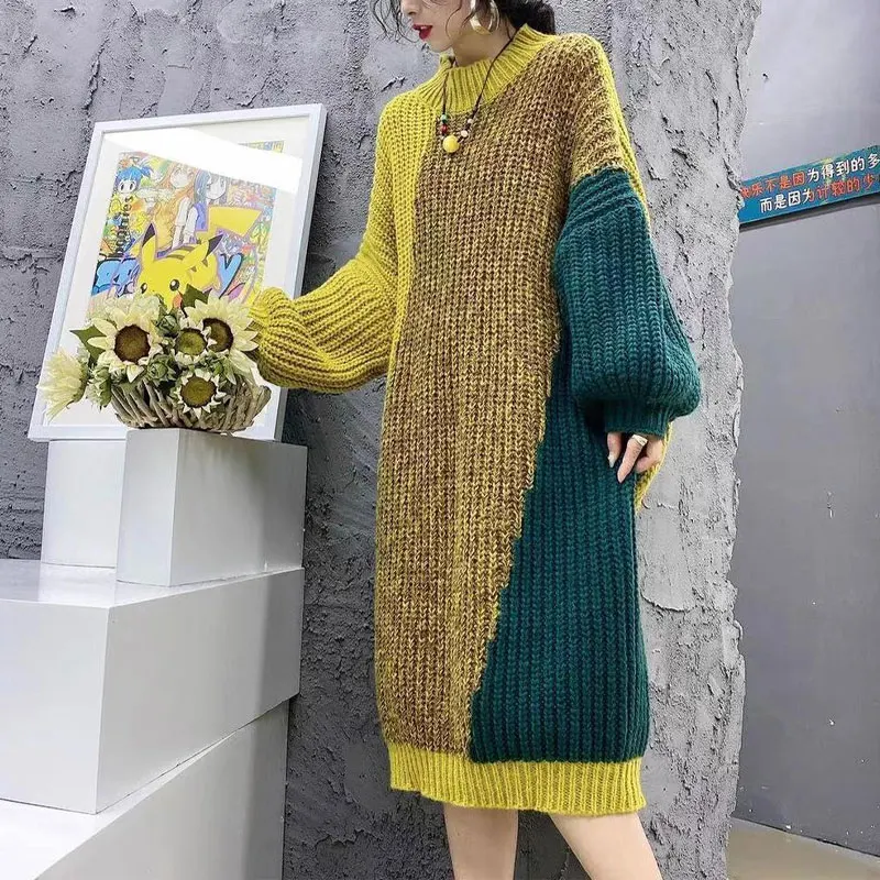 

Commute Vintage Spliced Knitted Dresses Female Clothing Straight Autumn Winter Half High Collar Contrasting Colors Midi Dress