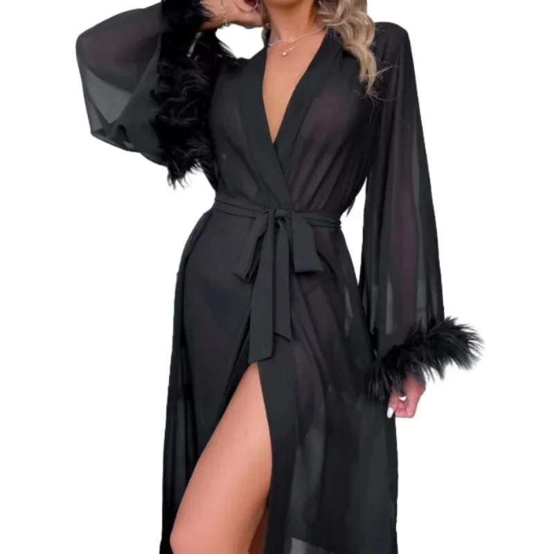 Women Simulation Silk Chiffon Pajamas Robes Sleepwear Nightgowns Nightdress Black Feather Bathrobe Smooth Soft Long Sleeve