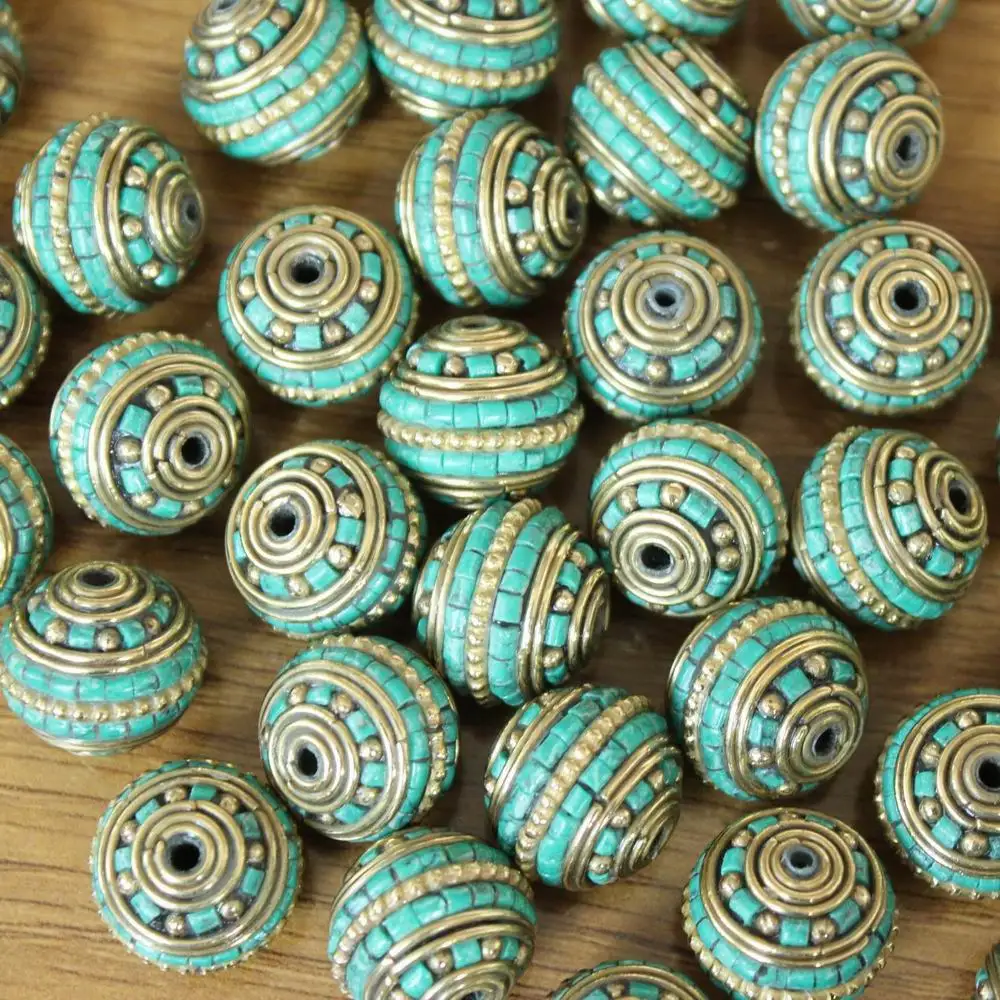 BD259 Handmade Nepal Beads Brass Inlaid Turquoises Coral 18mm*16mm Round Beads Jewelry Accessories 4 Beads Lot