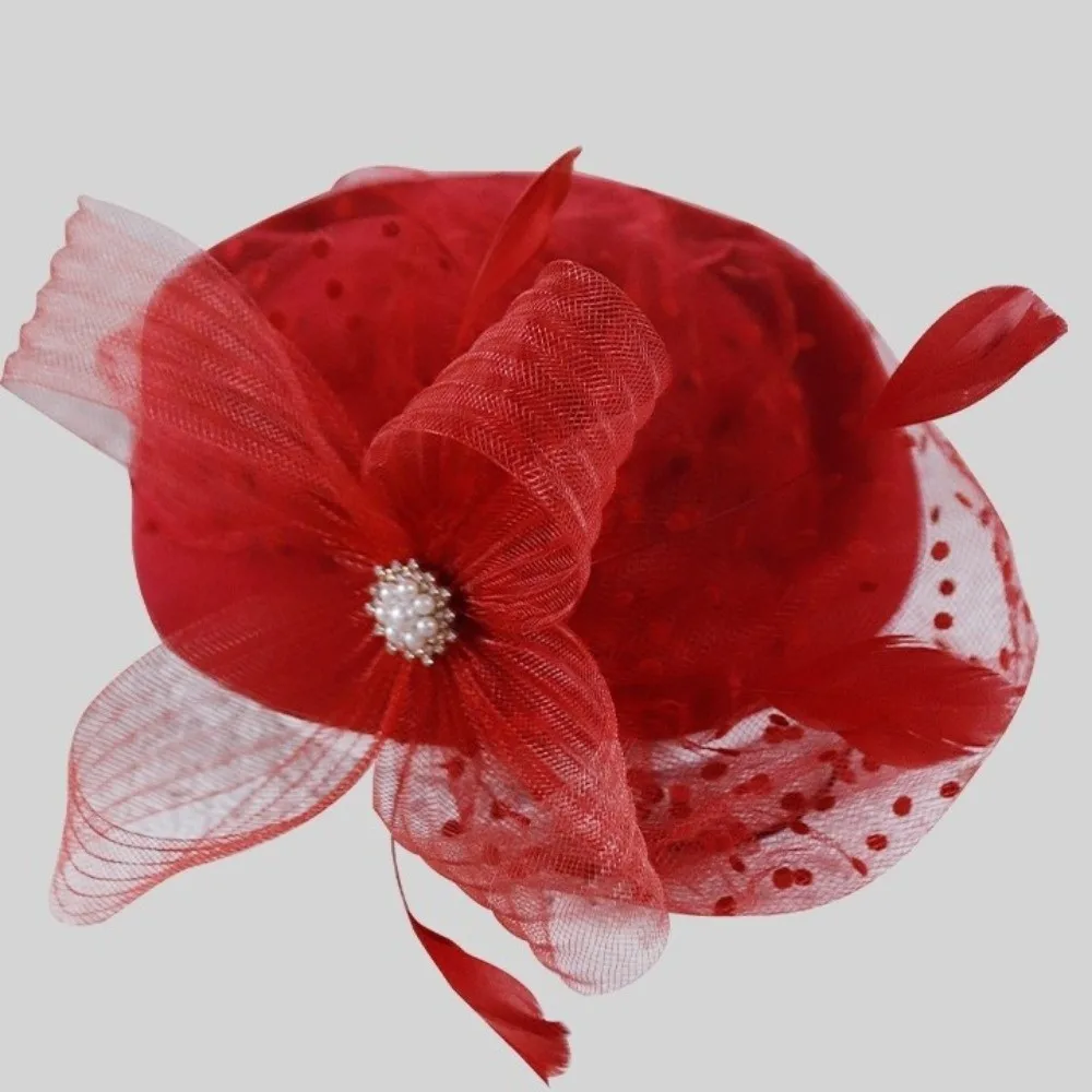 Chic Elegant Feather Mesh Fascinator Hat Polka Dot Veil Polyester Bridal Beret Ready to Wear Elegant Style Head Wrap Banquet