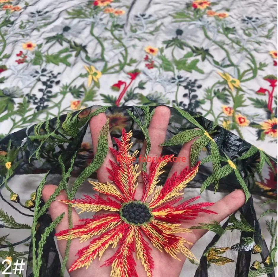 

Colorful flowers green leaves plant embroidery lace fabric Floral black white beige tulle for wedding dress girl dress Veil