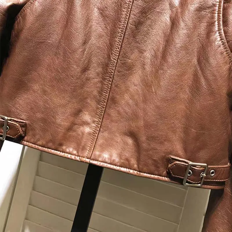 Genuine Leather Jacket Turn-Down Collar New Fashion Women Coat Spring Retro Craft Style Long Sleeve Brown Pocket Decoration