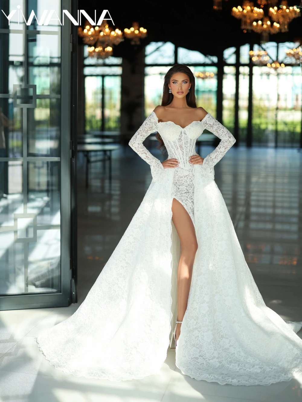 

Detachable Train Pearls Lace Wedding Dress Illusion High Slit Bridal Gown 2026 New Customized Sweetheart Neck Dresses For Bride