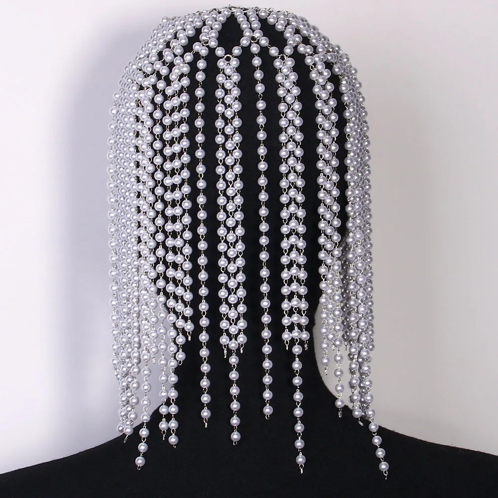 Exotic Lady Pearl Tassel Forehead Headpiece Indian Hair Accessories Charming Hat Long Bridal Head Chain Headband Wedding Jewelry