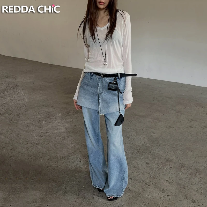 

REDDACHiC Skirt Layered Women Jeans Vintage New In Distressed Stitch Raw Hem Casual Wide Leg Denim Pants Trendy Korea Streetwear