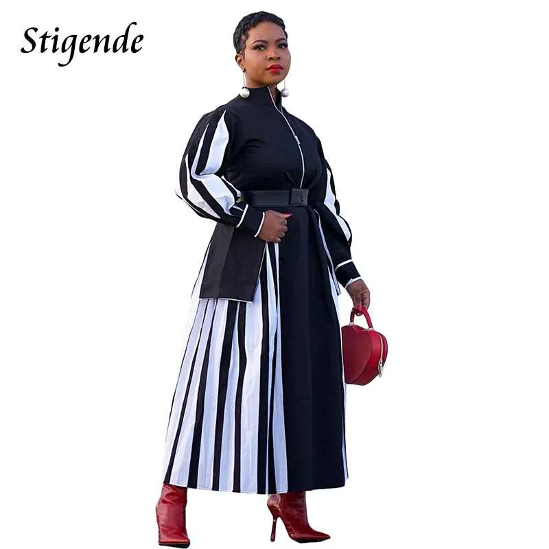 Stigende Women Black and White Striped Patchwork Dress Full Sleeve Zipper Up Long Dress Elegant Fit Flare Swing a Line Dress 3XL