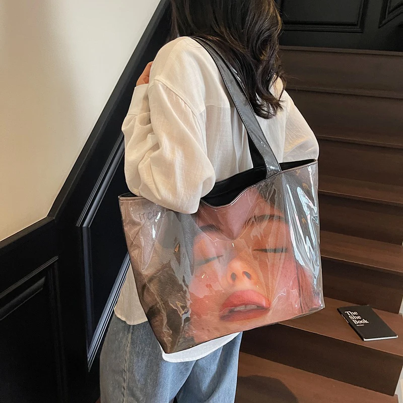 

PVC Kraft Paper Shoulder Bag,Portrait Print Women Tote Bag,Large Top-Handle Handbag,Waterproof Shopping Pouch,Student Schoolbag