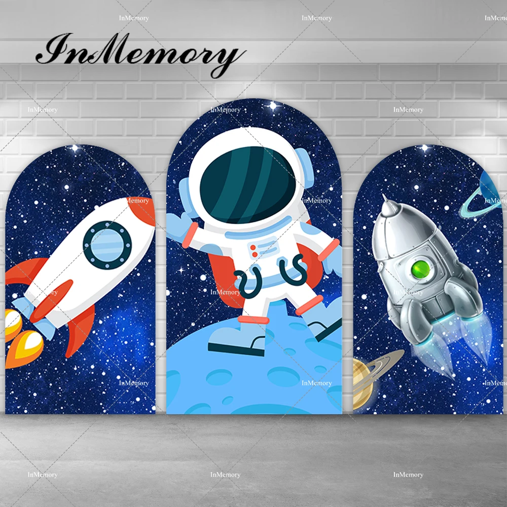 

Dark Blue Starry Sky Universe Astronaut Arch Backdrop Cover Kids Baby Shower Birthday Party Outer Space Background Doubleside