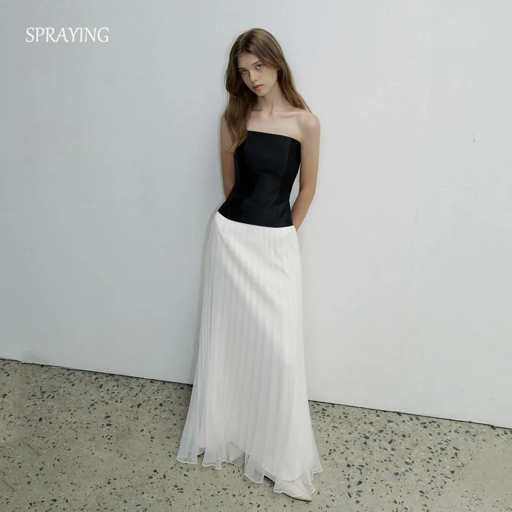 

SPRAYING Simple Black Satin Evening Dress Korea Wedding Photo Shoot Strapless A line Long Organza Party Dress Corset Customized