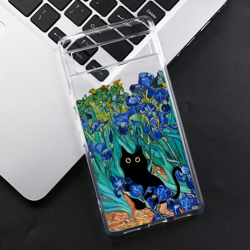 Cartoon Van Gogh Black Cat Phone Case For Google Pixel 8A 8 7 9 Pro XL 6A 5G Retro Oil Painting Transparent Soft Cover Fundas