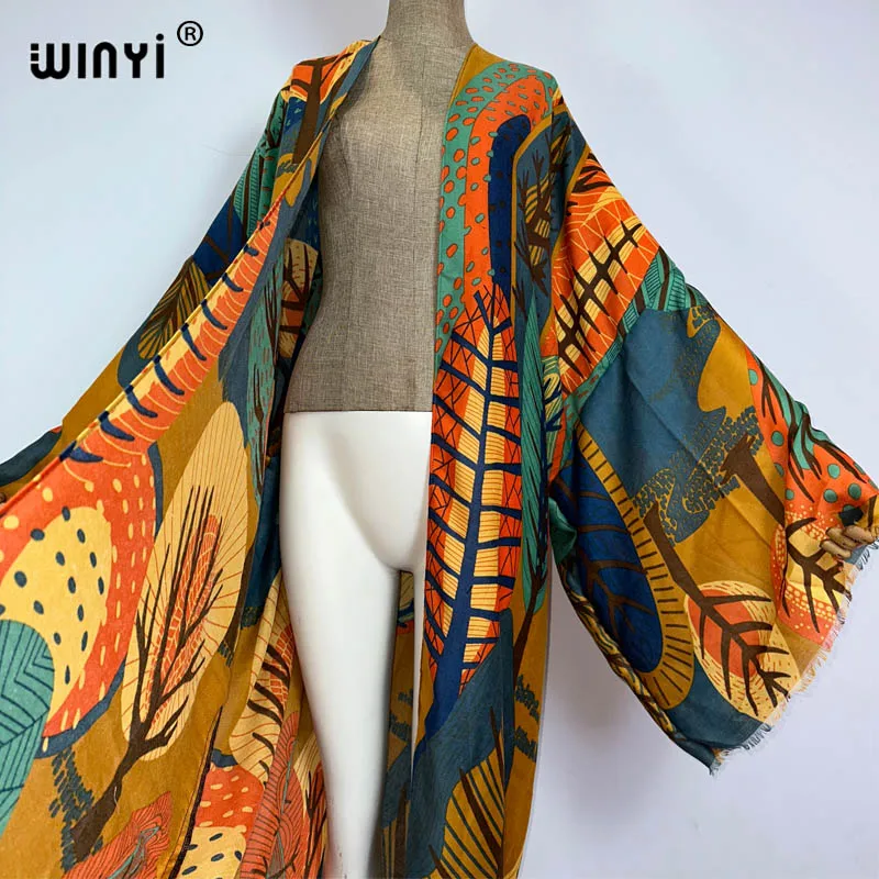 WINYI kimono boho print beach cover-up Elegant coat sexy Africa coat beach outfits for women Perspective cardigan beachwear