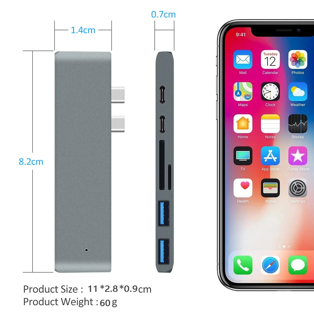 USB C Hub for MacBook Pro Air, USB-C Duo, HDMI-متوافق, 4K 60Hz, HDR, 100W, PD, 40Gbps, USB 3.1, Micro SD, قارئ بطاقة SD, 7 في 2