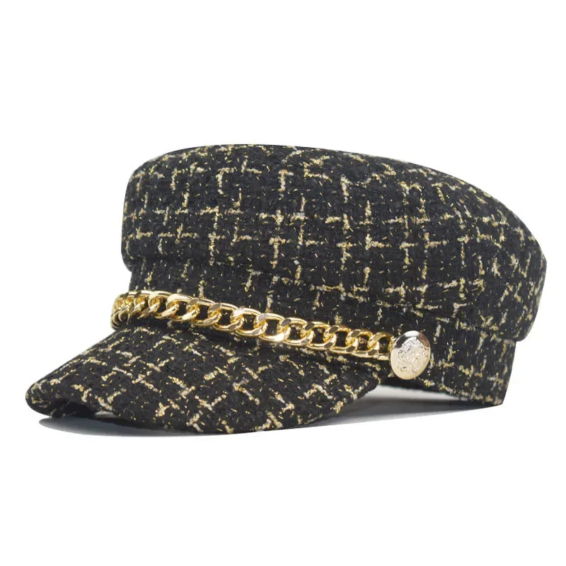 

women hat Tweed plaid newsboy caps chain flat top visor cap vintage plaid military cap female autumn winter Berets