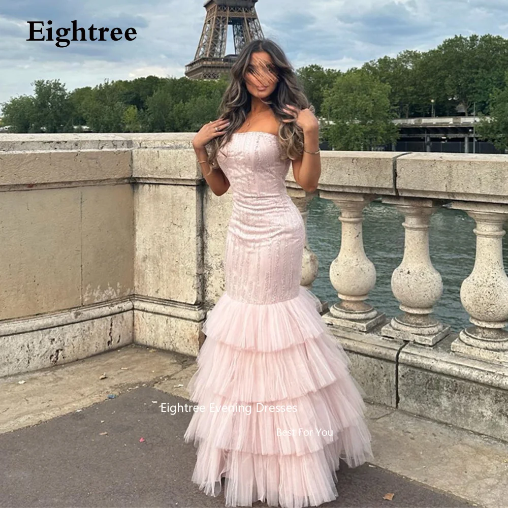 

Eightree Strapless Mermaid Evening Dresses Tulle Pink Sequined Frill-Layered Vestidos De Noche Formal Occasion Dresses 2023