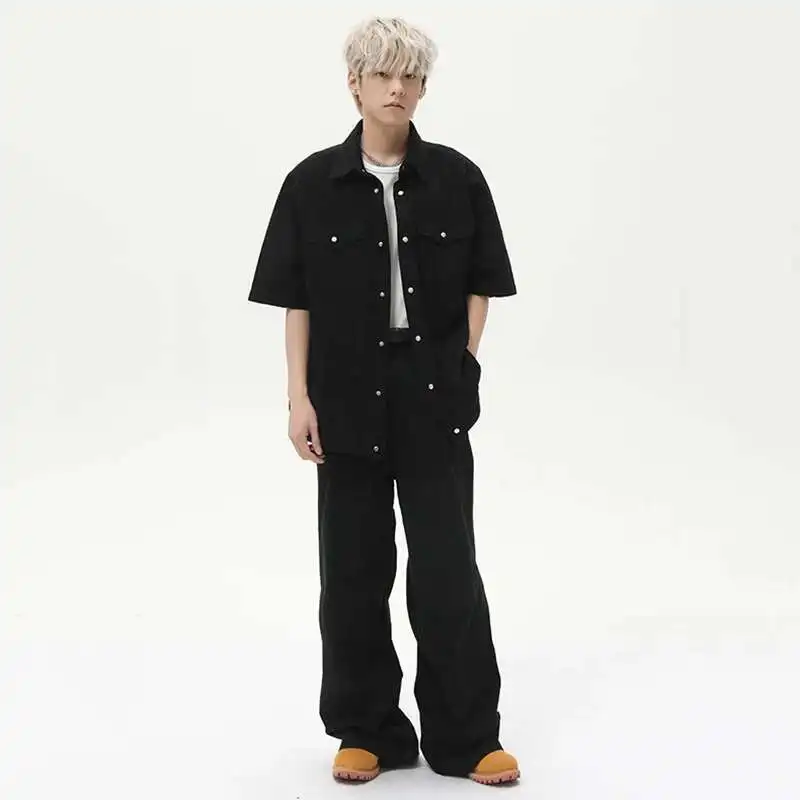 

Color Turn-down Solid Collar Short Sleeved Casual T-shirts Men's Sets Korean Straight Leg Male Casual Pants Simple WC5F