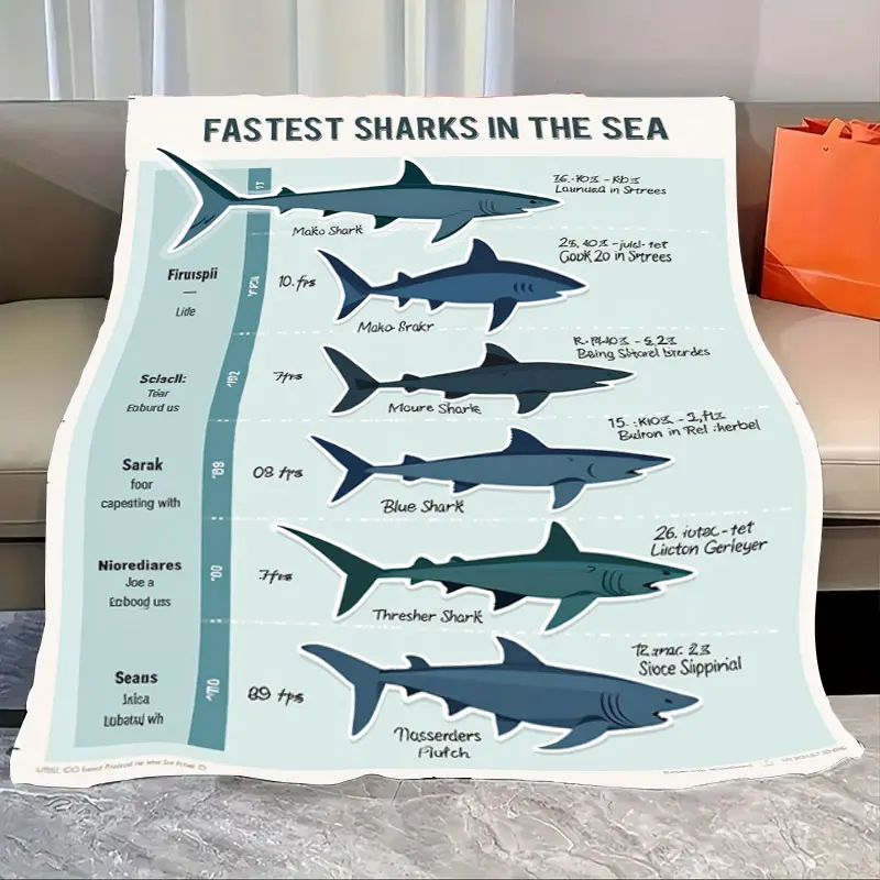 

1pc Flannel Blanket Fastest Sharks in the Sea: Speed Chart Blanket for Ocean Lovers