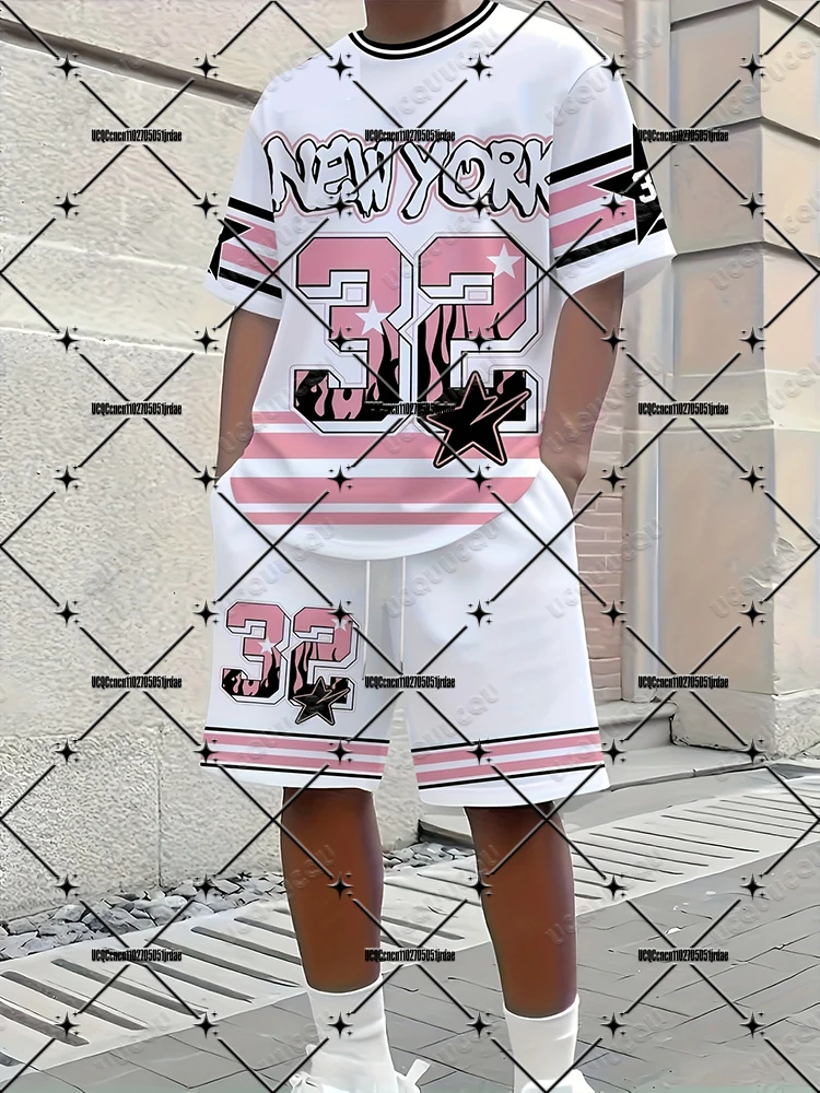 

Oversized Tracksuit Set For Men 2026 Summer Patchwork New York 32 Print Short Sleeve Sports Football Jersey Outfits Male Clothes