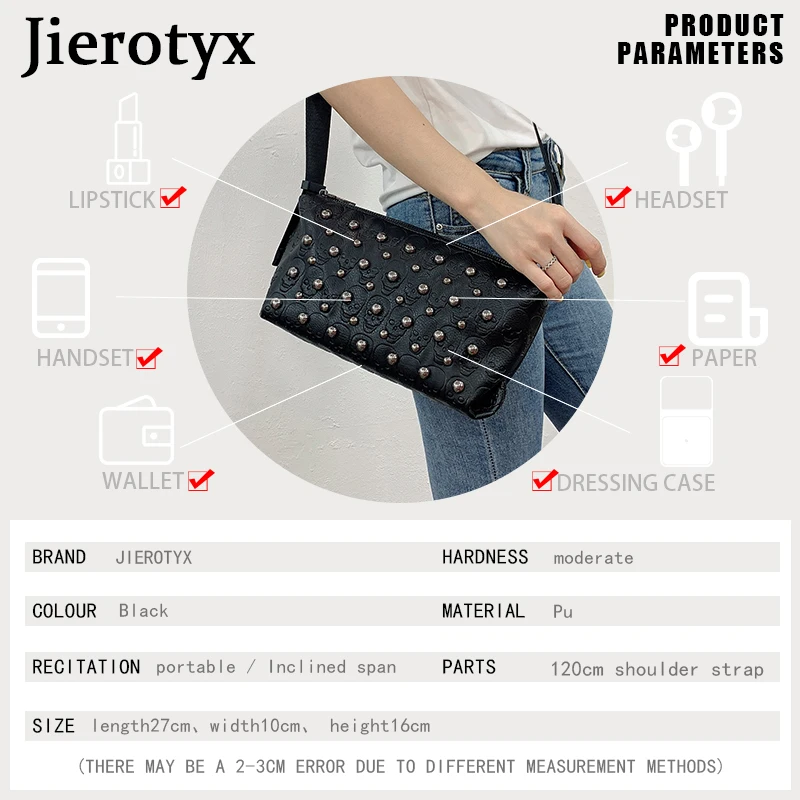 JIEROTYX Punk Rivet Skull Crossbody Bag for Women Vintage Embossing Designer Clutches Leather Handbags Female Great Quality