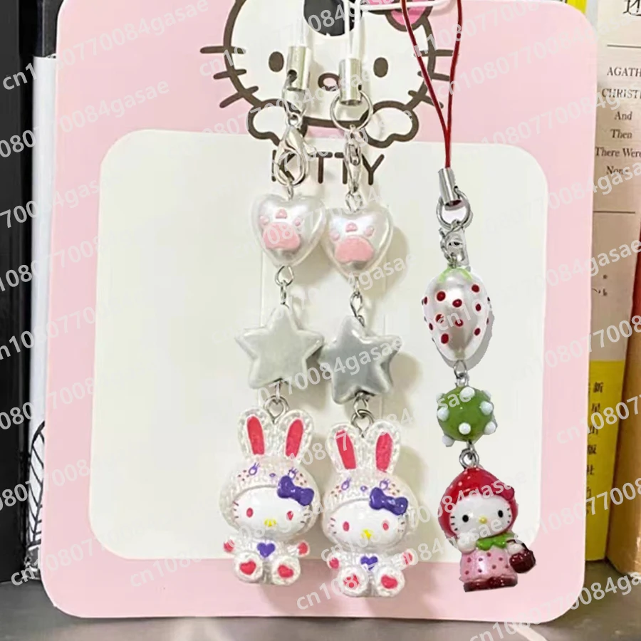 Sanrio HelloKitty Anime Beaded Phone Chain Cute and Versatile Strawberry Head Kitty Pendant Keychain Backpack Decorative Gifts