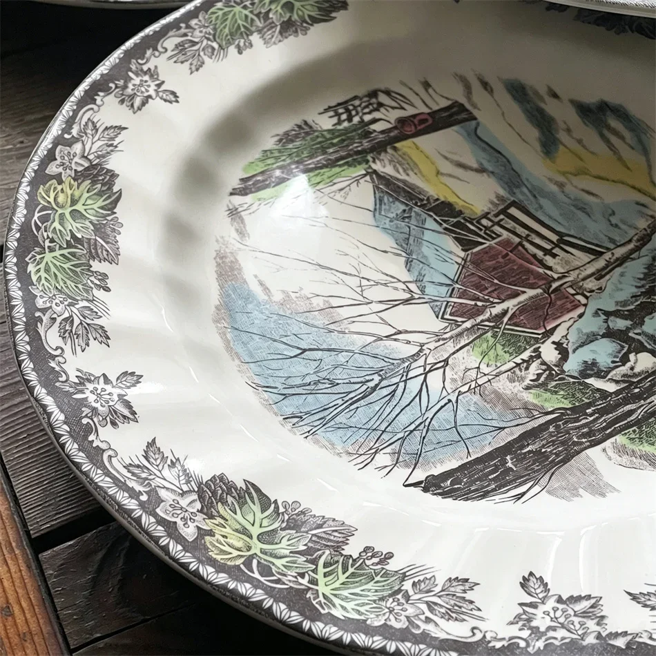 10.5-inch Four Seasons Manor Pattern Ceramic Plate European Household Oil Painting Style Banquet Plates