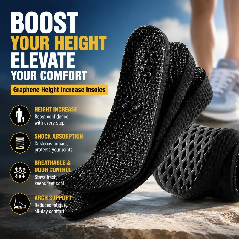 Graphene Height Increase Arch Support Insoles, Shock Absorption Odor Control Breathable Sports Shoe Inserts for Men Women