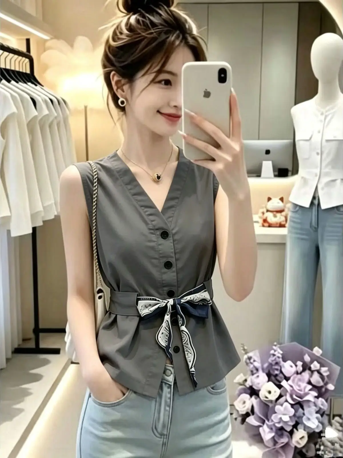 

Elegant V-Neck Sleeveless Shirt Women's Summer New Design Knot Top Beautiful Small Trendy Blouse Korean Style Commute Wind