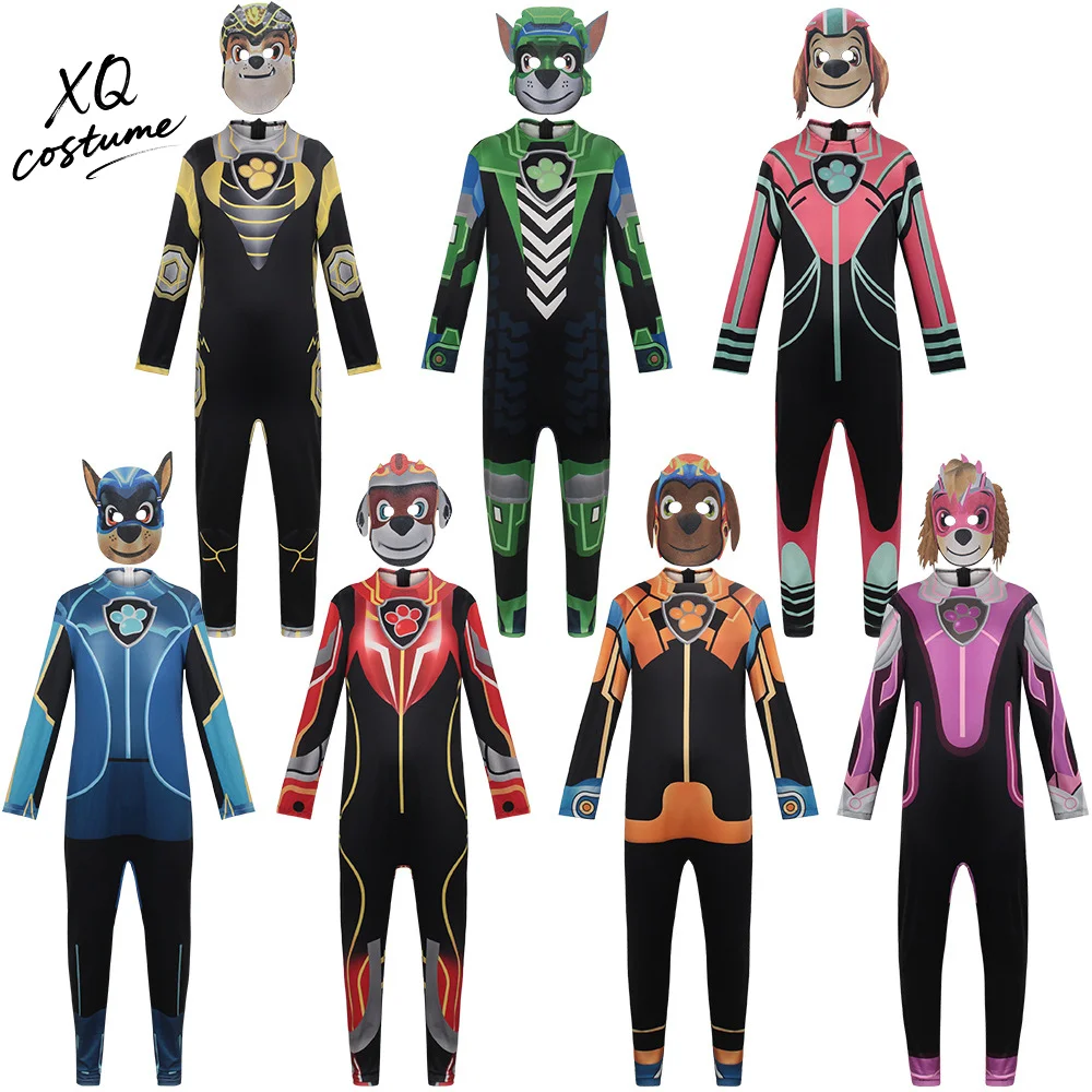 

Kids Dog Patrol Cosplay Halloween Costume Movie Rubble Marshall Zuma Rocky Skye Chase Liberty Role Play Jumpsuit with Mask