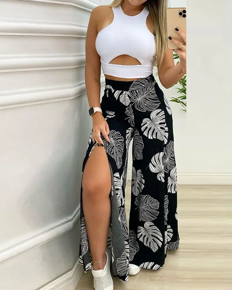 Conjunto informal de 2 piezas para mujer, camiseta sin mangas con aberturas, pantalones de pierna ancha divididos con estampado Tropical, traje de dos piezas para vacaciones, ropa femenina