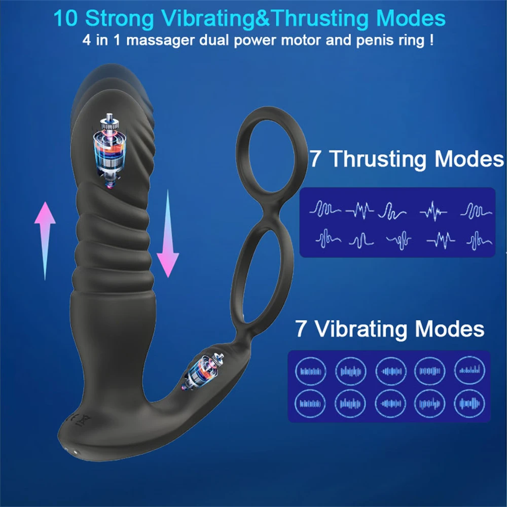 Male Thrusting Prostate Massager Wireless Remote Control Anal Dildo Vibrating Butt Plug Telescopic Cock Ring Sex Toys for Men