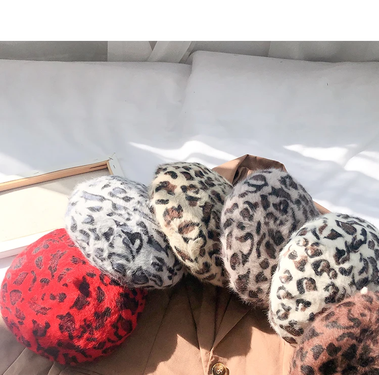 autumn Winter Women Fuzzy Leopard Berets Warm Rabbit fur beret Fashion Walking Cap