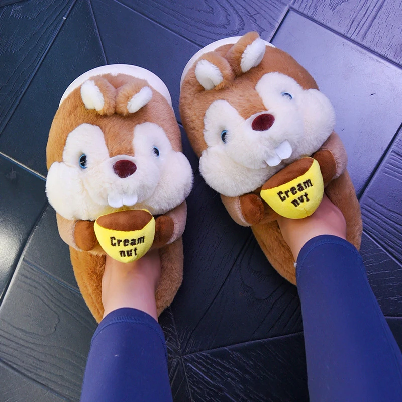 Cute Animal Cotton Slippers Women Winter Squirrel Home Couple Indoor Warm Soft with Thick Sole Fluffy Cotton Shoes Men