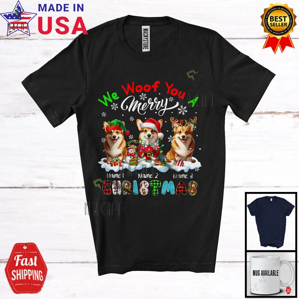 

We Woof You A Merry Christmas; Lovely Plaid Corgis Custom Name T-Shirt