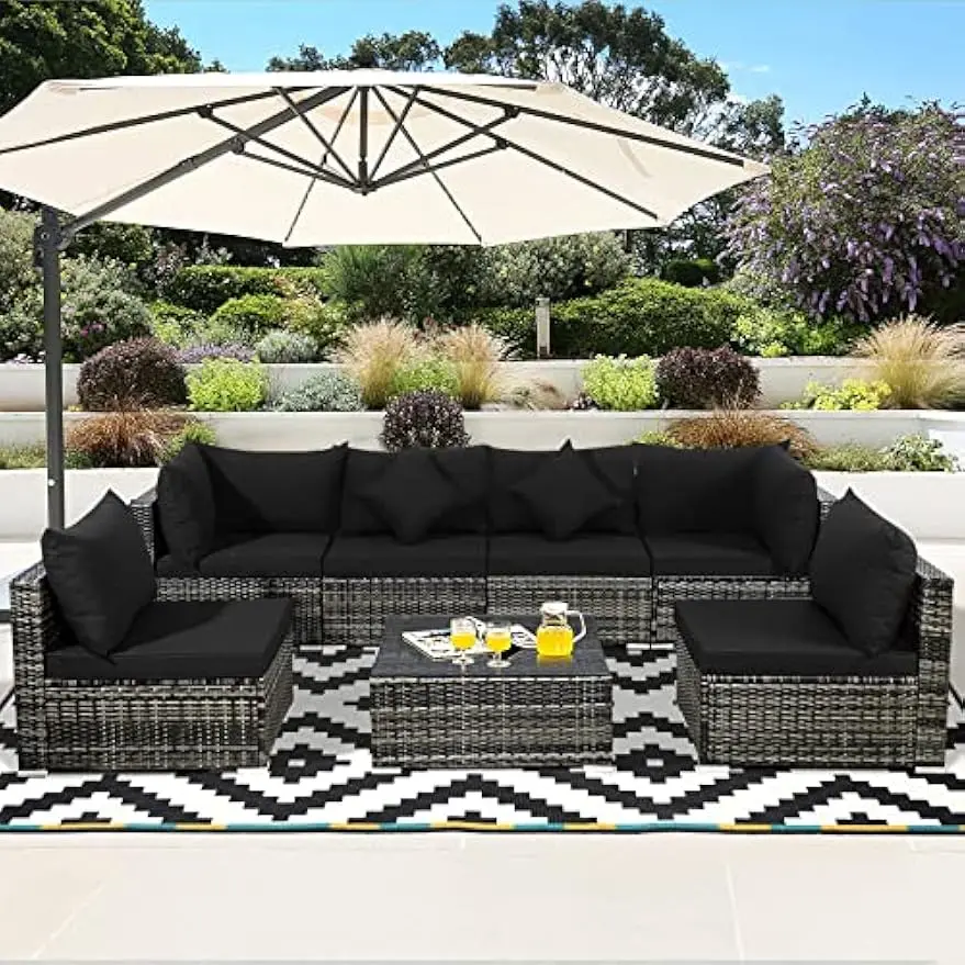 Patio Furniture Set, Outdoor Sectional PE Rattan Sofa Set with Cushions and Tempered Coffee Table, All-Weather Conversation Set