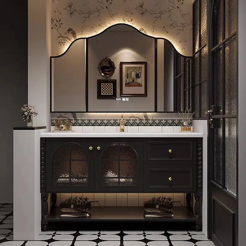 French Retro Oak Bathroom Vanity, American Style Floor Standing Sink Combo, Wood Washbasin Cabinet
