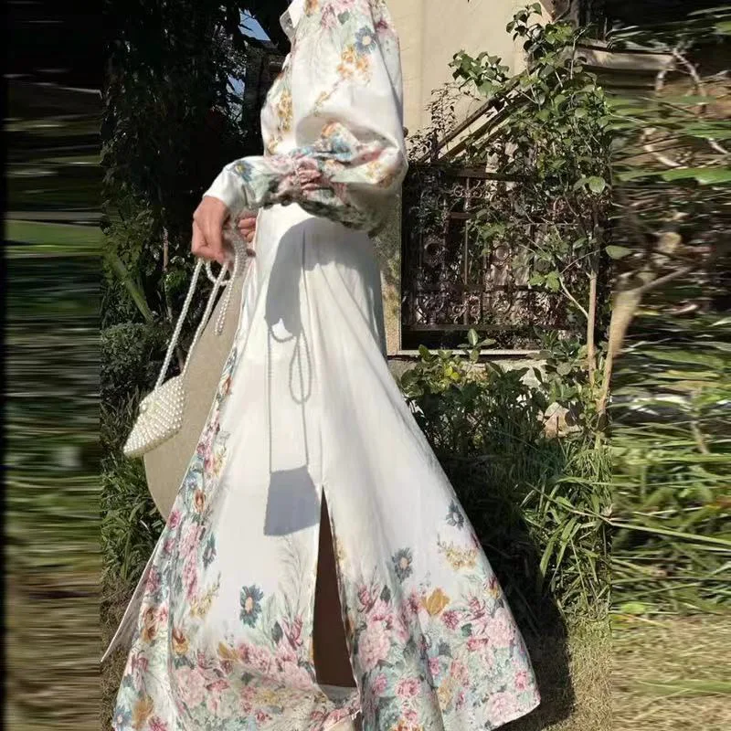 Autumn Women\'s Long Sleeve Floral Printed Shirt Style Dress Spring New French Elegant Single Breasted Fashion Long Dresses