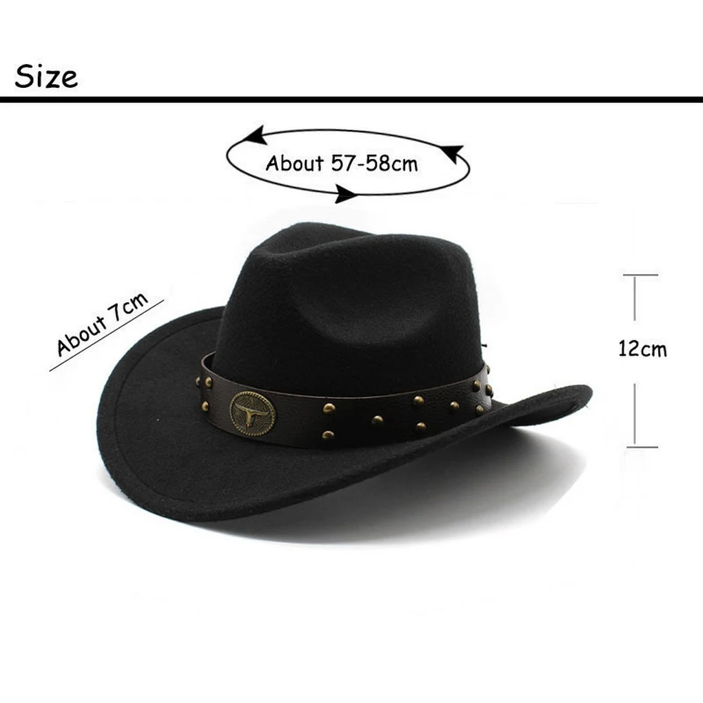 Unisex Cowboy Hats Western Caps For Women And Men Woolen 57-58cm Wide Straps Rivet Decoration Curved Brim Jazz NZ0080