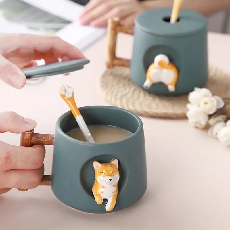 3D Ceramic Cartoon Shiba Dog Hand Painted Coffee Mug Tea Cup with Lid Spoon for Office Families and Friends Couple