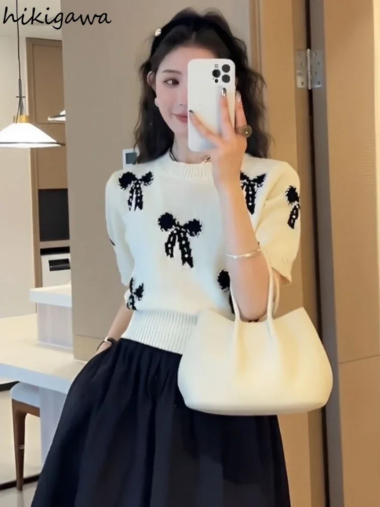 Słodki sweter koreański moda swetry z krótkim rękawem odzież damska O-neck Bow Pull Femme Casual sweter z dzianiny przycięte topy