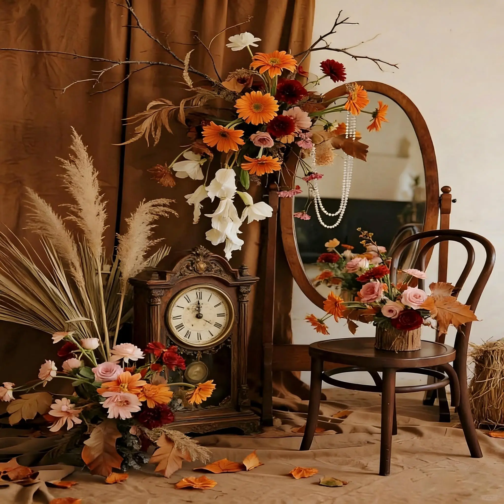 Vintage wedding decorations, hanging floral arrangements, wedding party stage backdrops