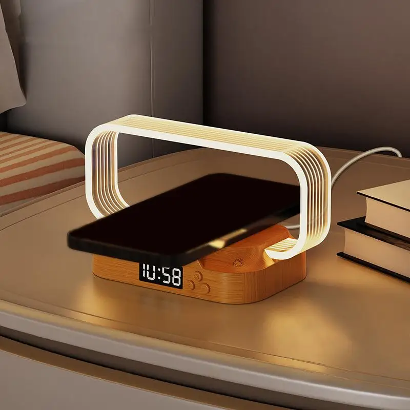Shenzhi Tech WR06 LED Table Lamp with Digital Clock, Wireless Charging Phone Stand Dimmable Night Light
