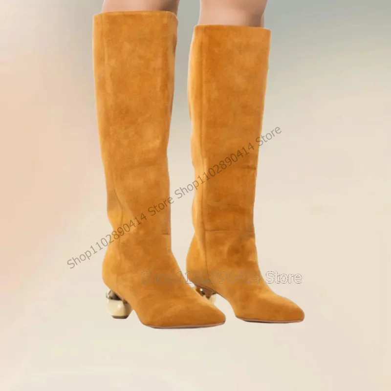 

Brown Suede Pointed Toe Strange Style Heels Boots Slip On Women Shoes Knee High Fashion Party Banquet 2023 Zapatos Para Mujere