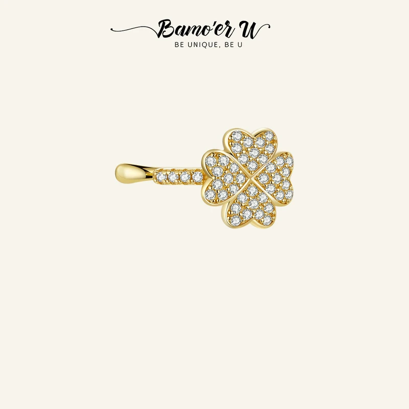 BAMOER U 1 Piece 925 Sterling Silver Four Leaf Clover Clip Earring, Plated In Gold Fashion Zircon Ear Jewelry