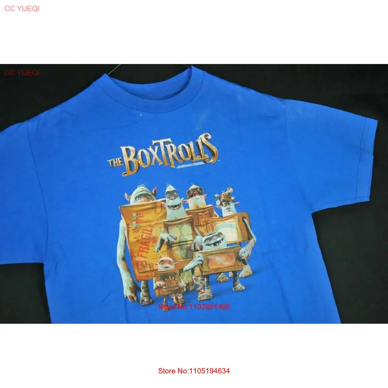 خمر Y2K The Boxtrolls الفيلم الترويجي تي شيرت الكرتون أنيمي الأزرق رجل L 2014 خمر غسلها الرسم أنيق للجنسين عادية