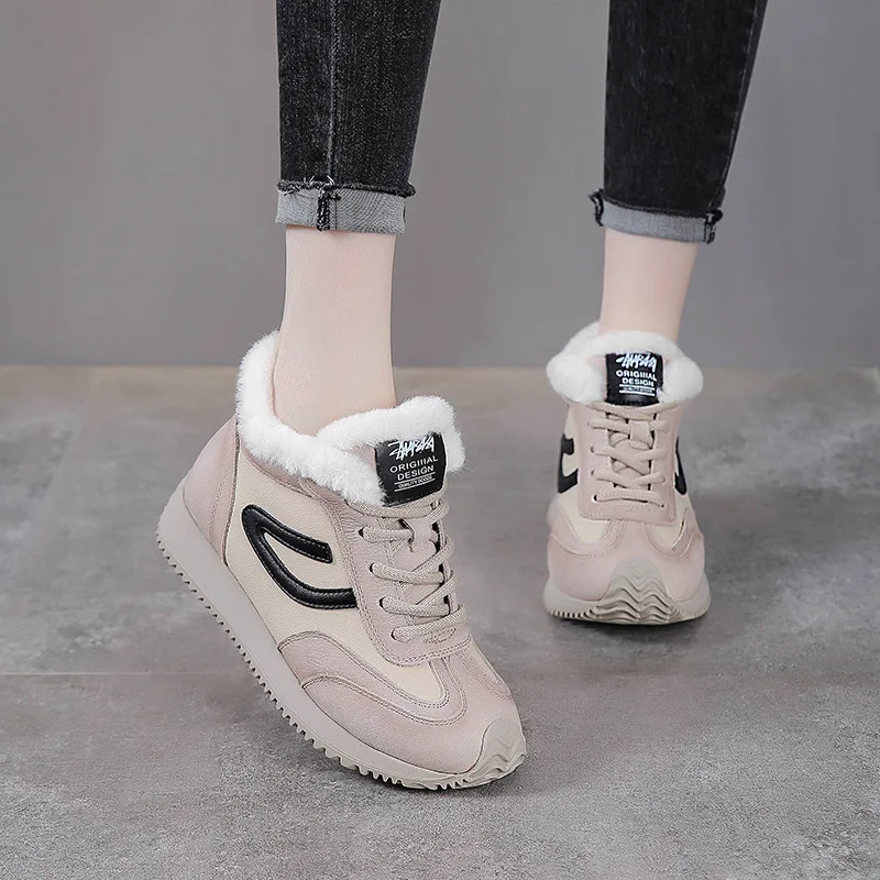 

New 2026 Winter Patchwork Womens Boots Fleece Warm Middle Platform Shoes Winter Snow Boots Casual Warm Outdoor Ankle Boots