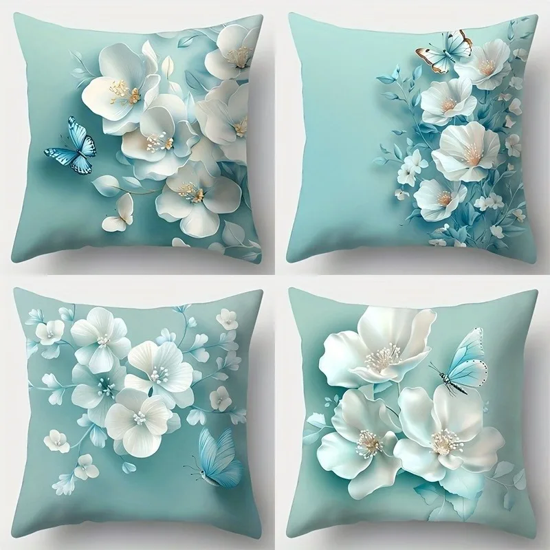 

Мягкая наволочка с бирюзовым цветочным принтом и бабочкой - наволочка с 2D лепестковым принтом в стиле природы для дивана, спальни, гостиной