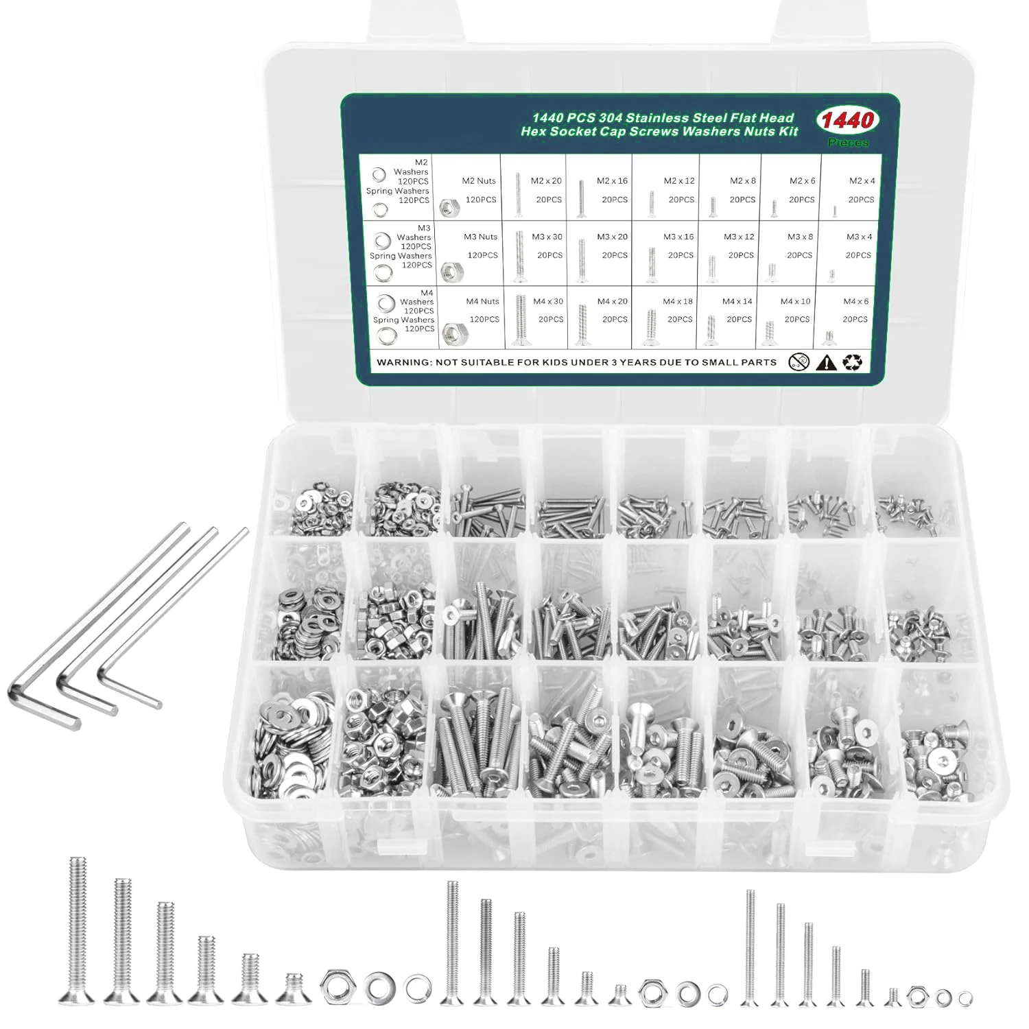 

1440 PCS screws and nuts, M2, M3, M4 metric bolts and nuts classification, 304 stainless steel hexagonal flat head lock and flat