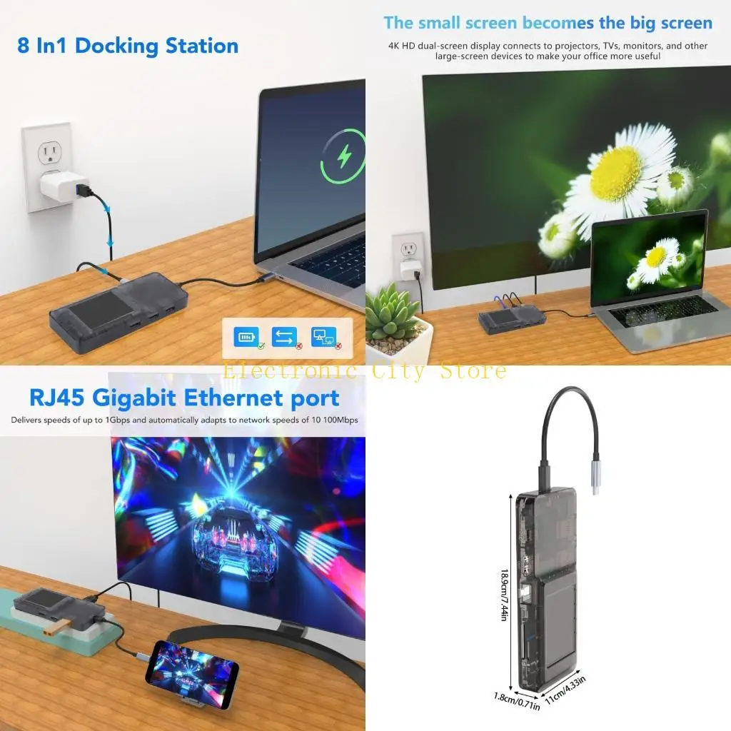

8 Port USB C Hubs With LCD Screen 100W Charging 512GB Memory Card Support HU8D
