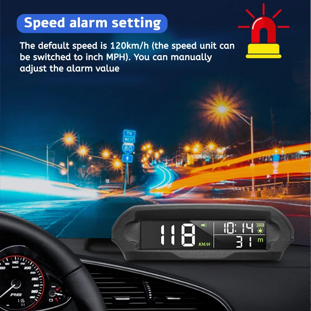 Solar HUD Head Up Speedometer mobil Digital, pengukur kecepatan Digital dengan fitur GPS mobil pengisian daya tenaga surya, Alarm cepat lelah, pengingat berkendara
