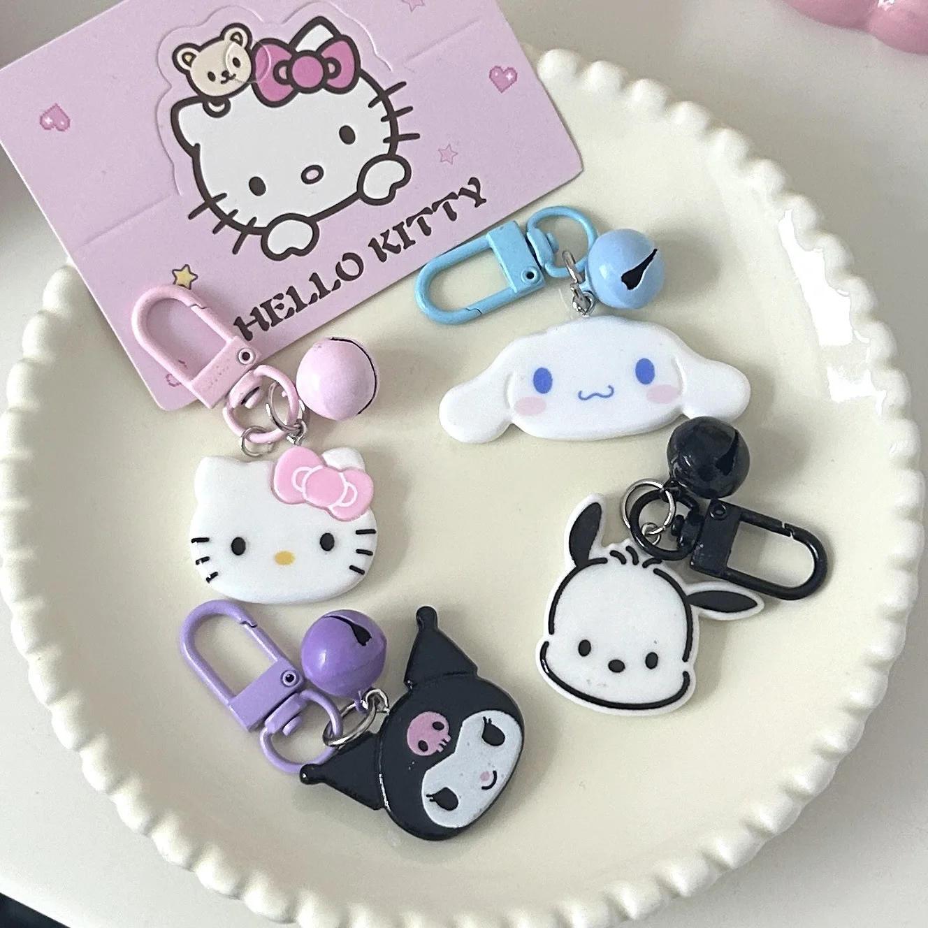 Sanrio Hello Kitty Cartoon Keychain with Bell Cute Sweet Cinnamoroll Kuromi Pendant Couple Girlfriends School Bag Ornament Gifts