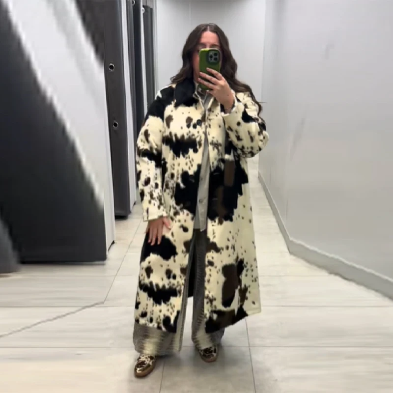 

Модное повседневное длинное пальто с молочным принтом, осень-зима, классический дизайн, свободная куртка с лацканами, женская элегантная уличная одежда